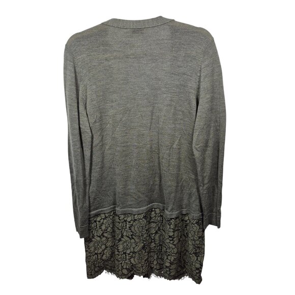 Wrap London Sweater Womens 10 Green Merino Wool Knit Cardigan Floral Lace Trim - Picture 2 of 10